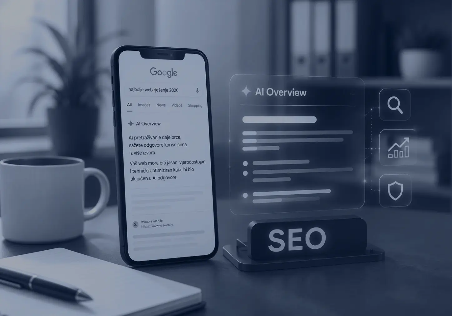 Pametni telefon prikazuje Google AI Overview uz elemente SEO optimizacije u modernom uredu.