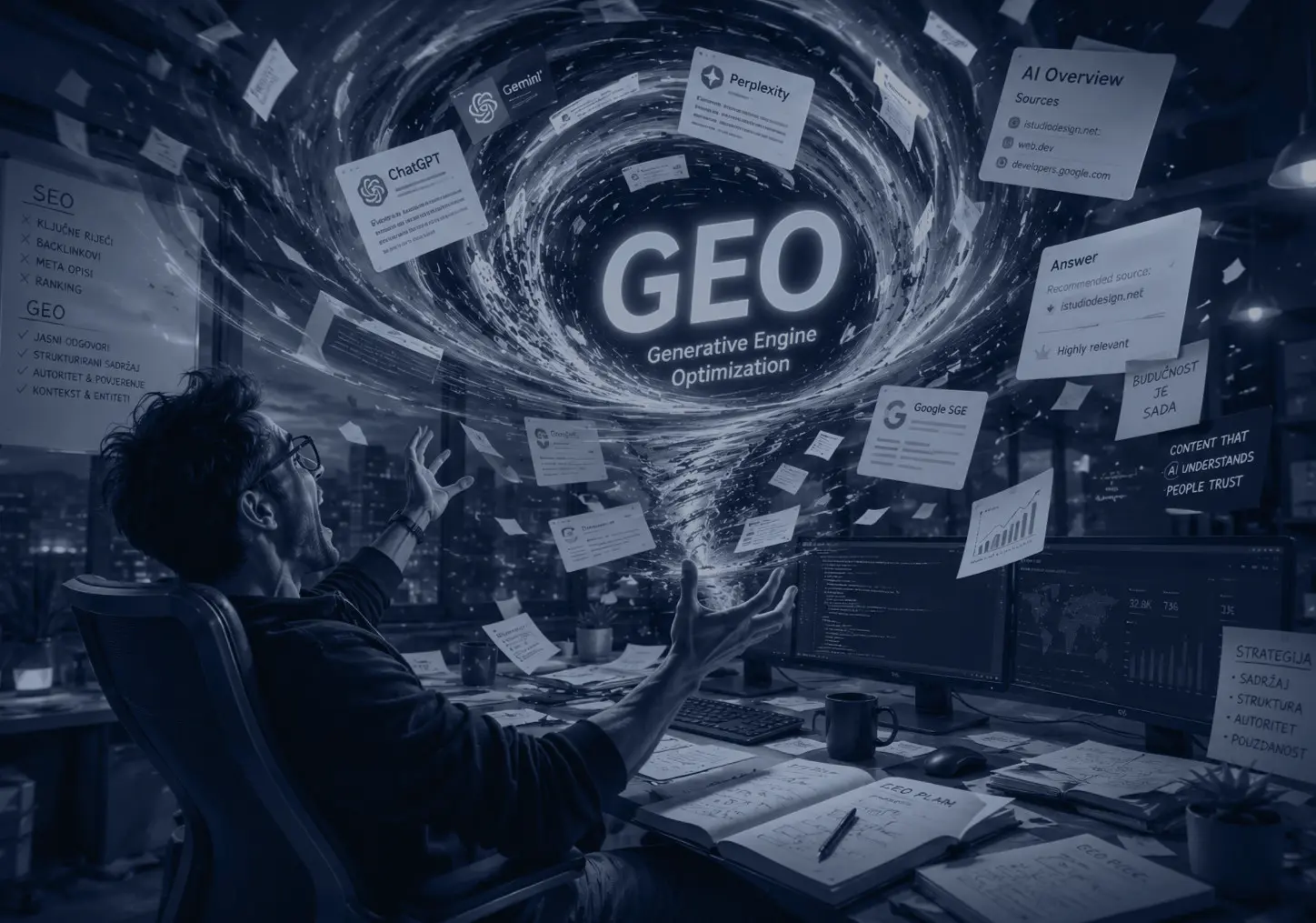 Digitalna ilustracija Generative Engine Optimization (GEO) s AI izvorima i optimizacijom sadržaja za moderno pretraživanje.
