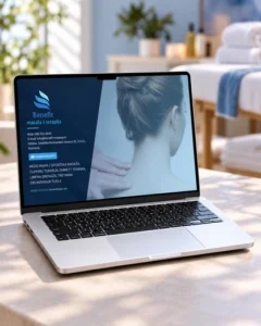 Web stranica Benefit masaže i terapije prikazana na laptopu s prostorom za masažu u pozadini.