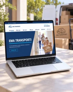 Web stranica EMA Transporti prikazana na laptopu s kombijem i kutijama za selidbu u pozadini.