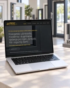 Web stranica tvrtke Extral za PVC i ALU stolariju prikazana na laptopu.