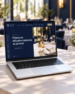Web stranica Gastro Coach prikazana na laptopu s elegantnim restoranom u pozadini.