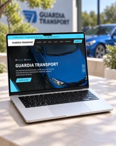 Web stranica Guardia Transport prikazana na laptopu s plavim automobilom u pozadini.