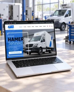 Web stranica HAMER Tehnika prikazana na laptopu s radionicom i rashladnim vozilom u pozadini.