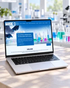Web stranica Hidro.Lab prikazana na laptopu s laboratorijskom opremom i staklom u pozadini.