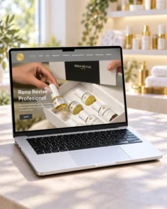 Web trgovina Natura Panonica prikazana na laptopu s kozmetičkim proizvodima u pozadini.