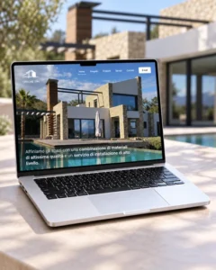 Web stranica Officine TPM prikazana na laptopu s modernom arhitekturom u pozadini.