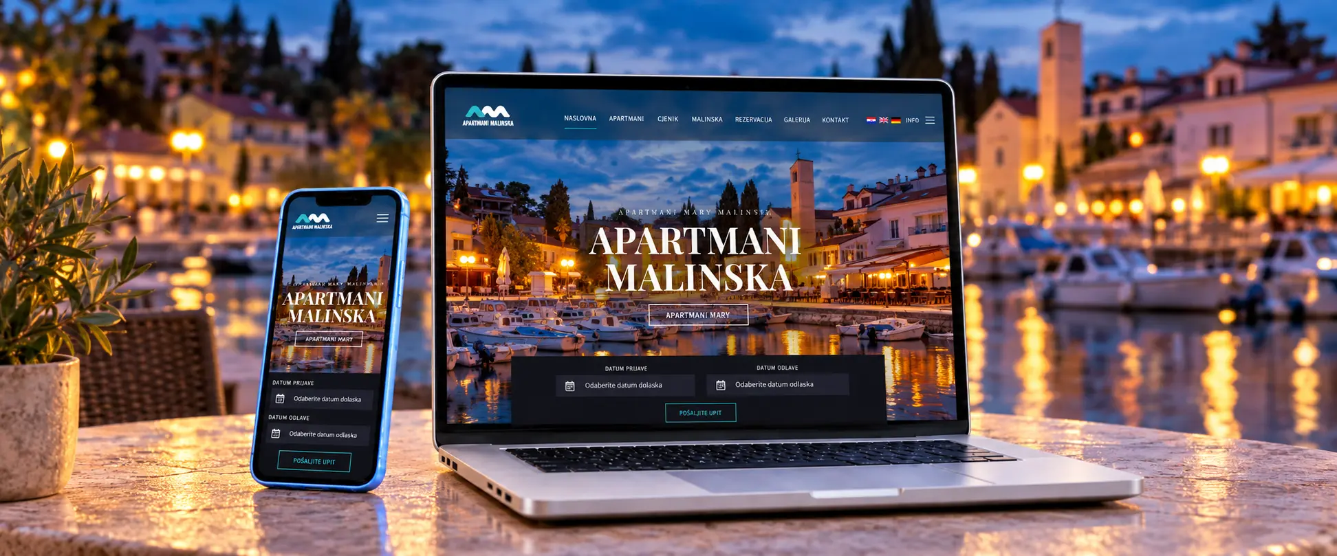 Web stranica Apartmana Mary u Malinskoj prikazana na laptopu i mobitelu.