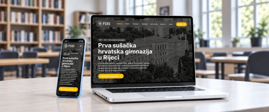 Web stranica Prve sušačke hrvatske gimnazije u Rijeci prikazana na laptopu i mobitelu.