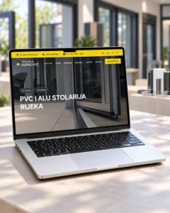 Web stranica Stolarije Jurković prikazana na laptopu u izložbenom prostoru PVC i ALU stolarije.