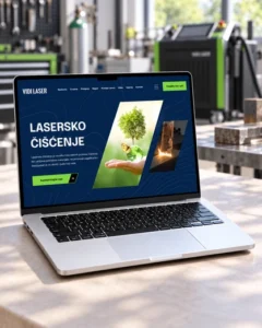Web stranica Vidi Laser prikazana na laptopu s opremom za lasersko čišćenje u pozadini.