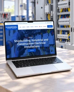 Web stranica Wiretech prikazana na laptopu s elektroormarima u pozadini.
