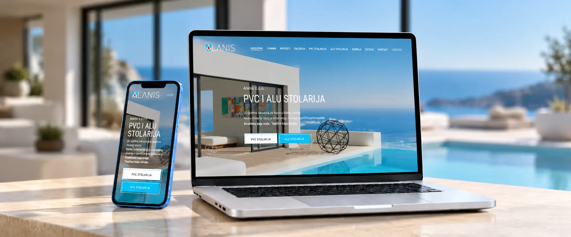 Web stranica Alanis za PVC i ALU stolariju prikazana na laptopu i mobitelu