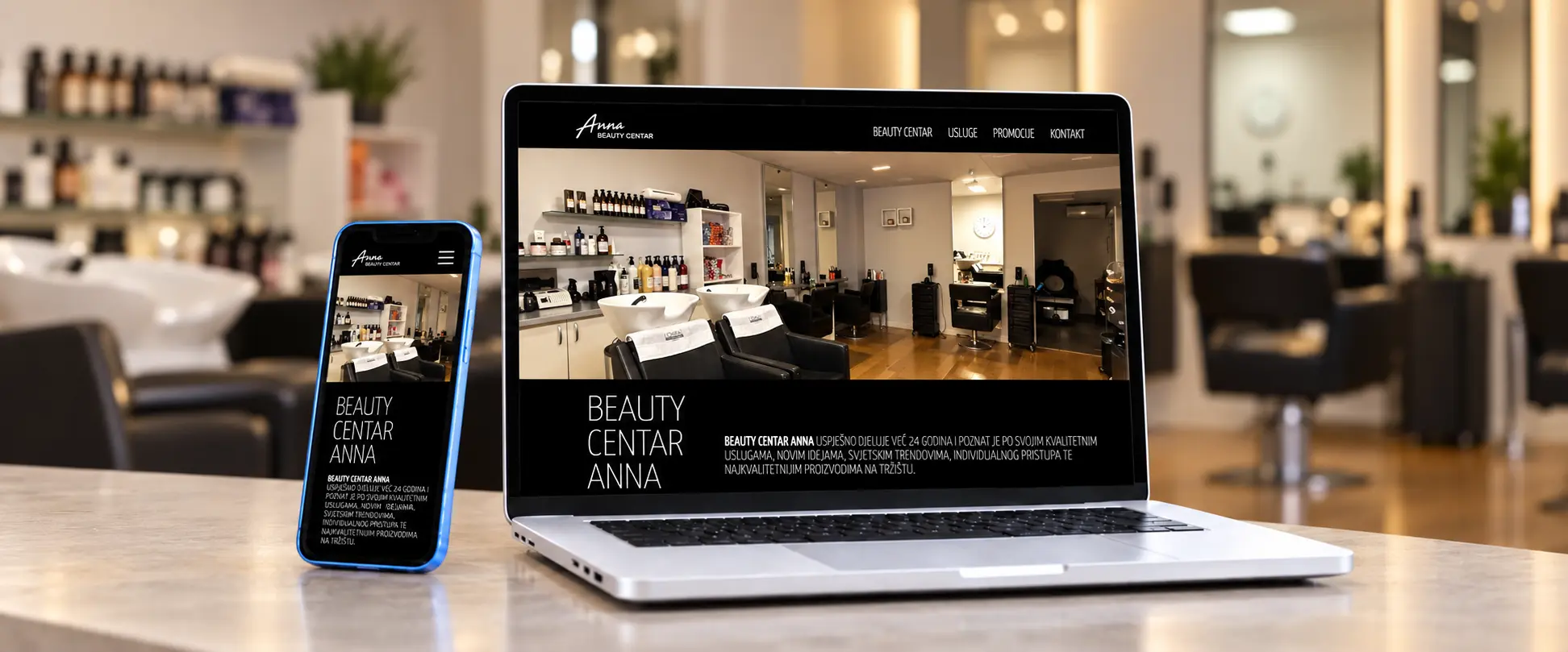 Web stranica Beauty centra Anna u Rijeci prikazana na laptopu i mobitelu.