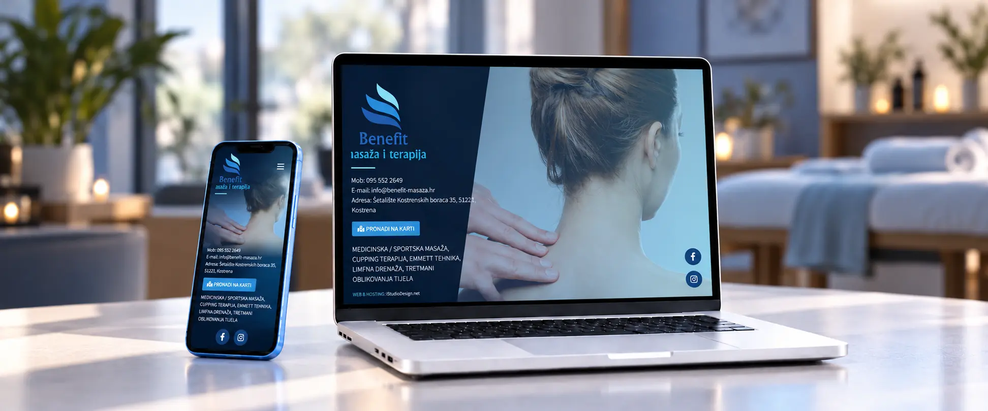 Landing stranica Benefit masaža i terapija prikazana na laptopu i mobitelu.