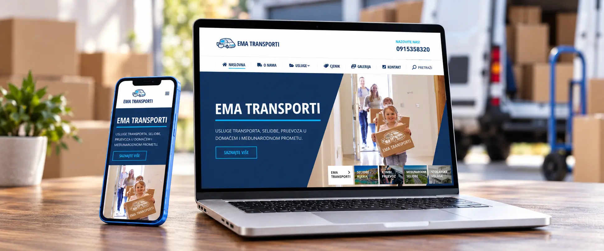 Web stranica EMA Transporti za selidbe i prijevoz prikazana na laptopu i mobitelu