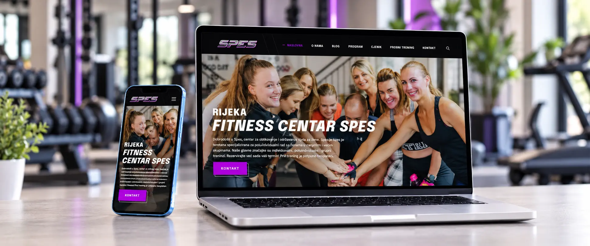 Web stranica Fitness centra SPES Rijeka prikazana na laptopu i mobitelu