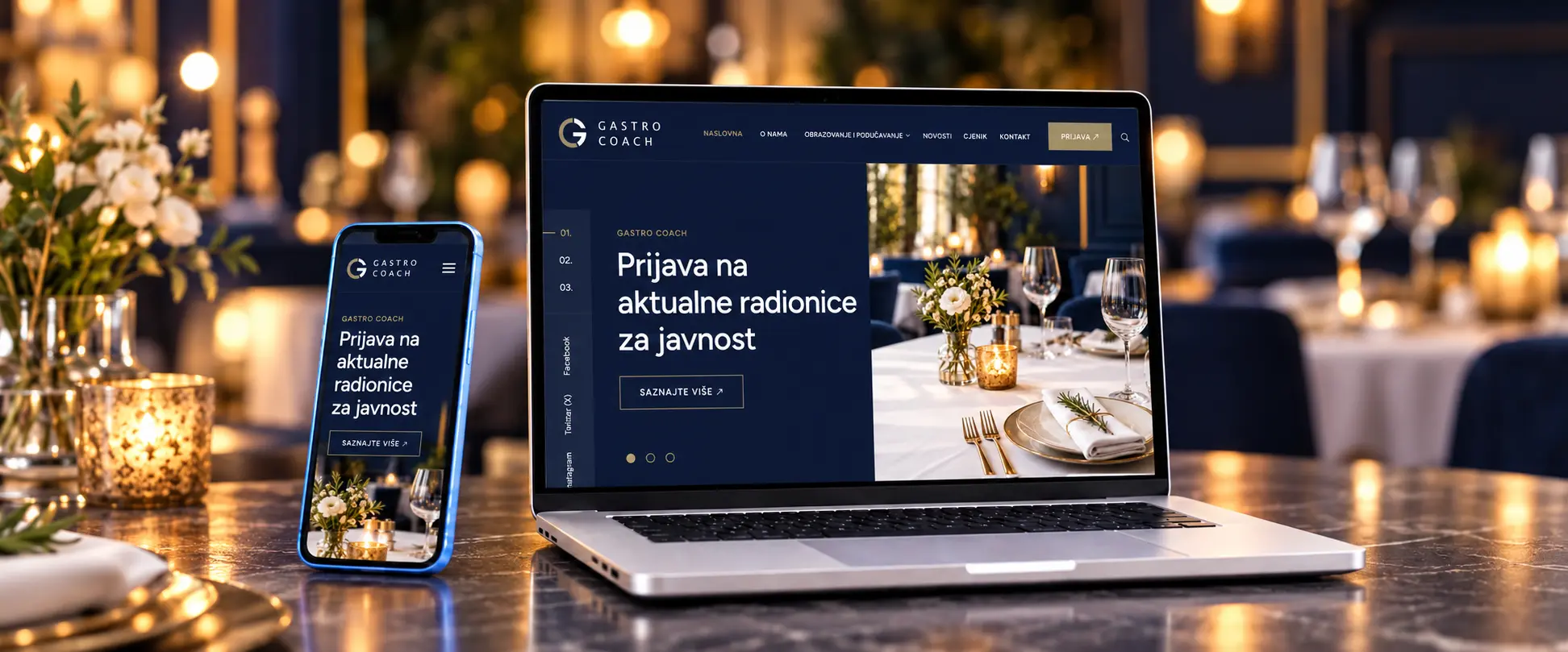 Web stranica Gastro Coach za edukacije u ugostiteljstvu prikazana na laptopu i mobitelu