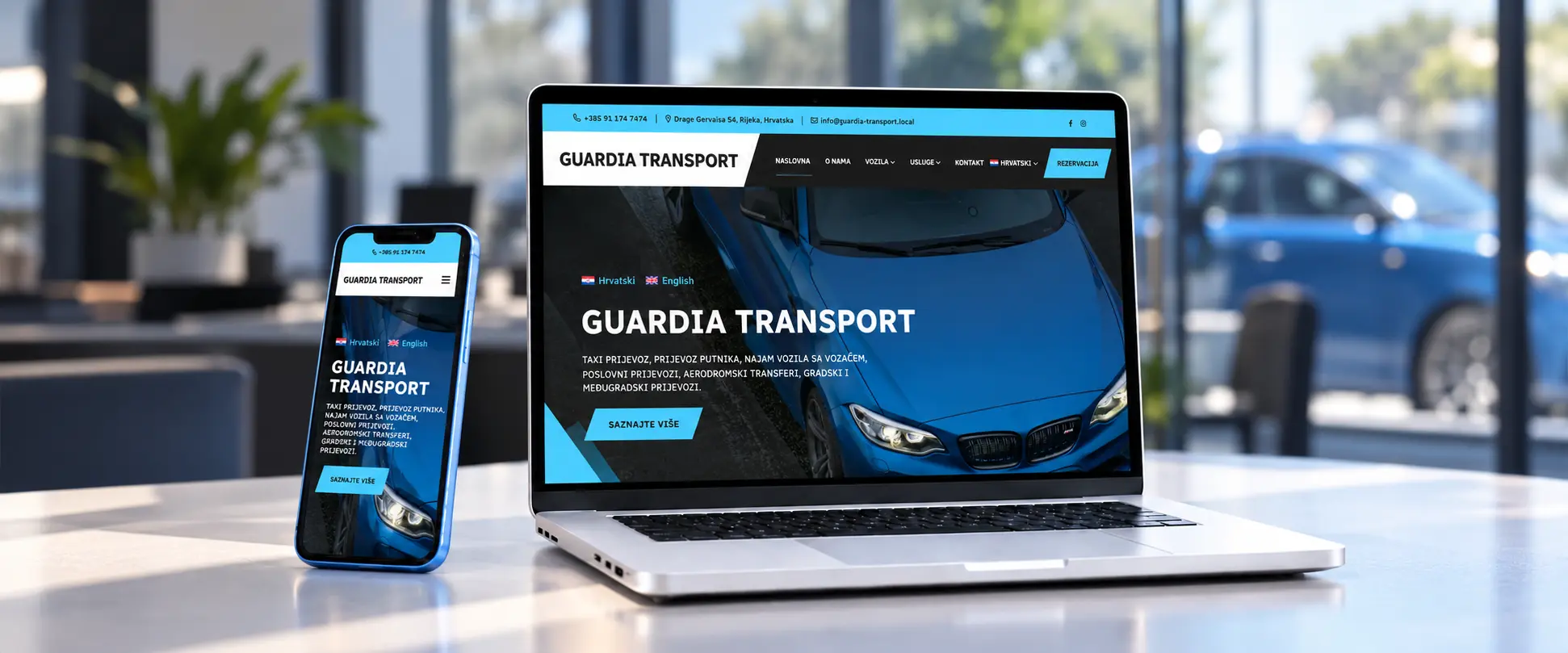 Web stranica Guardia Transport za taxi prijevoz i transfere prikazana na laptopu i mobitelu