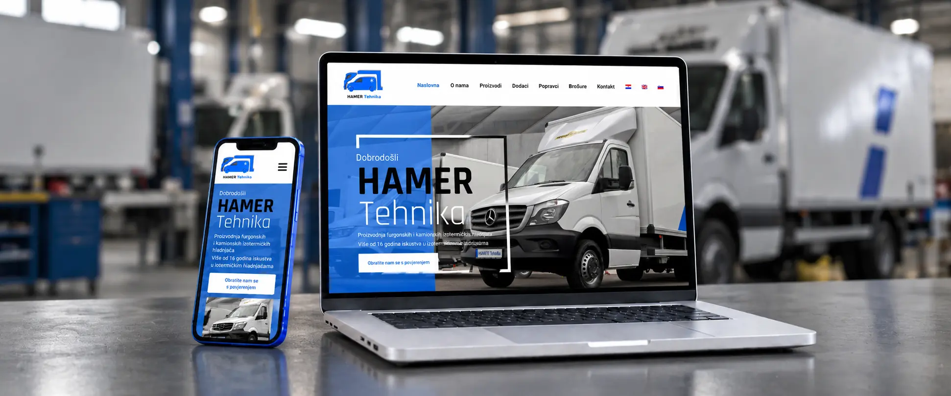 Web stranica HAMER Tehnika za proizvodnju izotermičkih hladnjača prikazana na laptopu i mobitelu