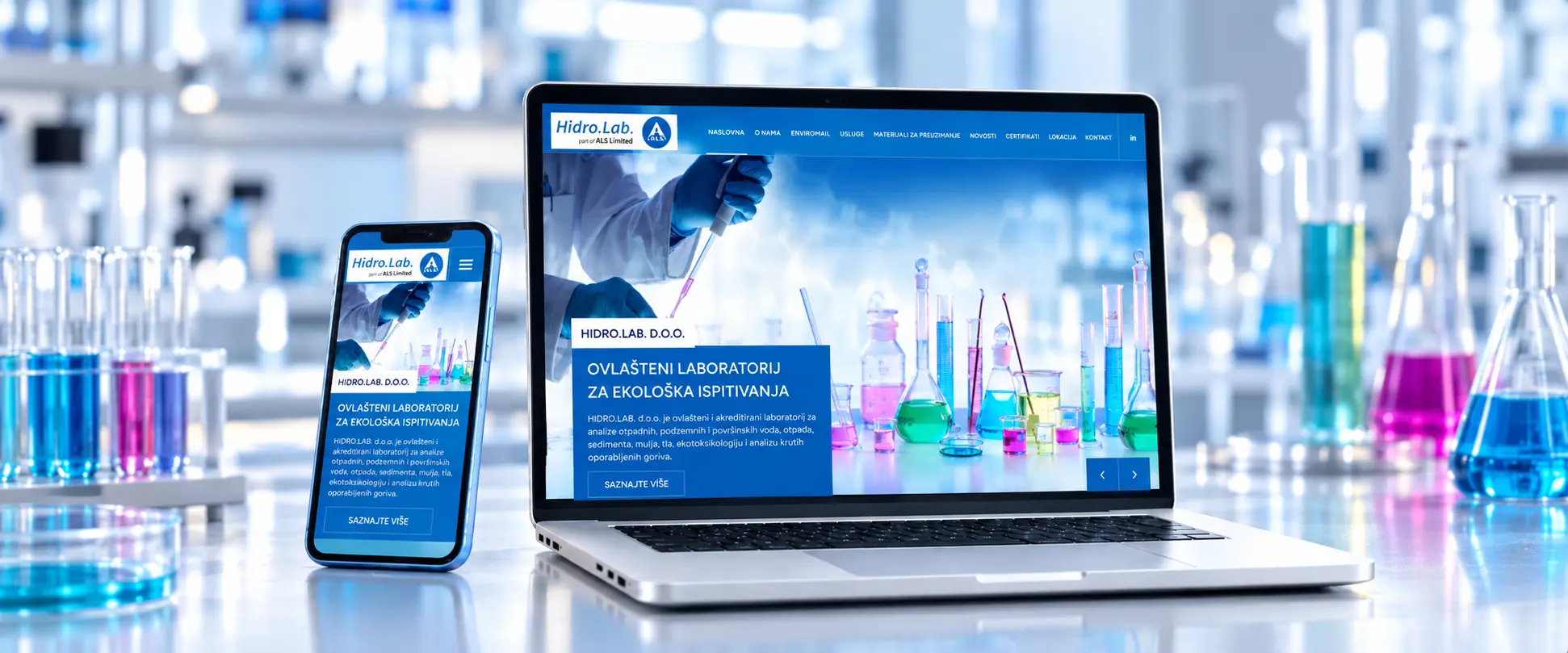 Web stranica Hidro.Lab laboratorija za ekološka ispitivanja prikazana na laptopu i mobitelu.