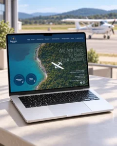 Web stranica Innovator Aviation prikazana na laptopu uz zrakoplov u pozadini.
