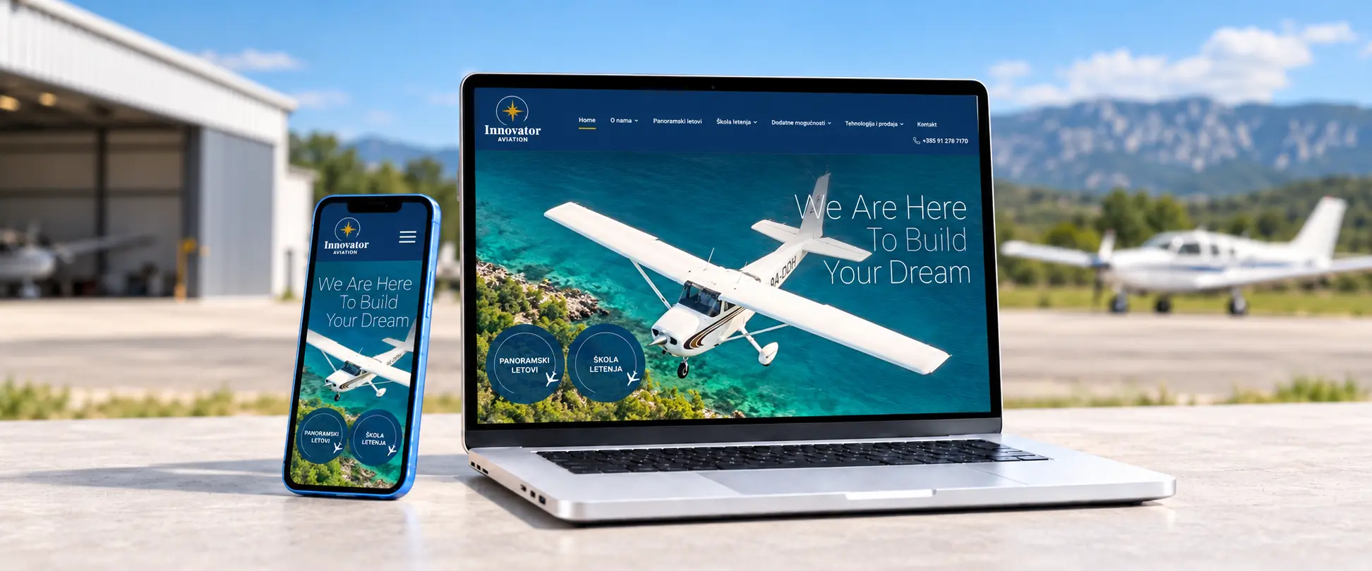 Web stranica Inovator Aviation prikazana na laptopu i mobitelu