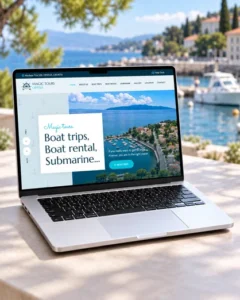Web stranica Magic Tours Opatija prikazana na laptopu uz more i brodice u pozadini