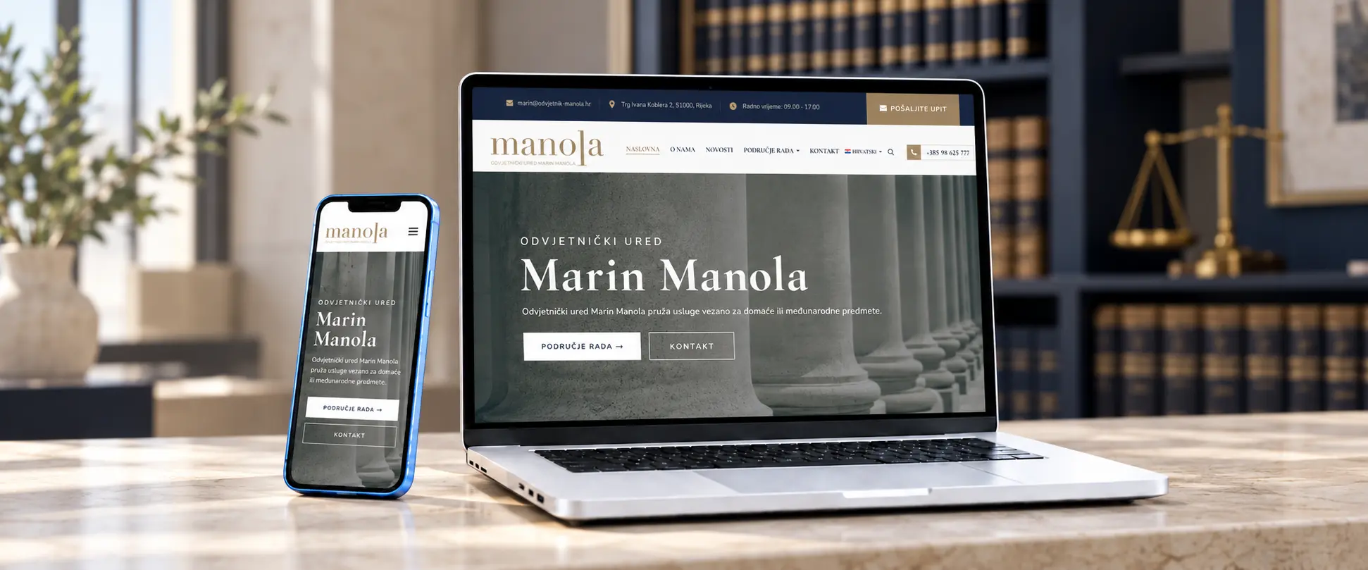 Web stranica odvjetničkog ureda Marin Manola prikazana na laptopu i mobitelu