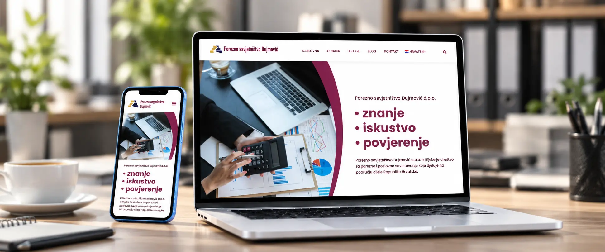 Web stranica Poreznog savjetništva Dujmović prikazana na laptopu i mobitelu
