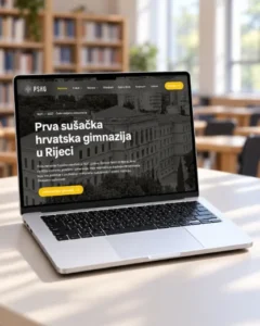 Web stranica Prve sušačke gimnazije u RIjeci prikazana na laptopu s učionicom u pozadini