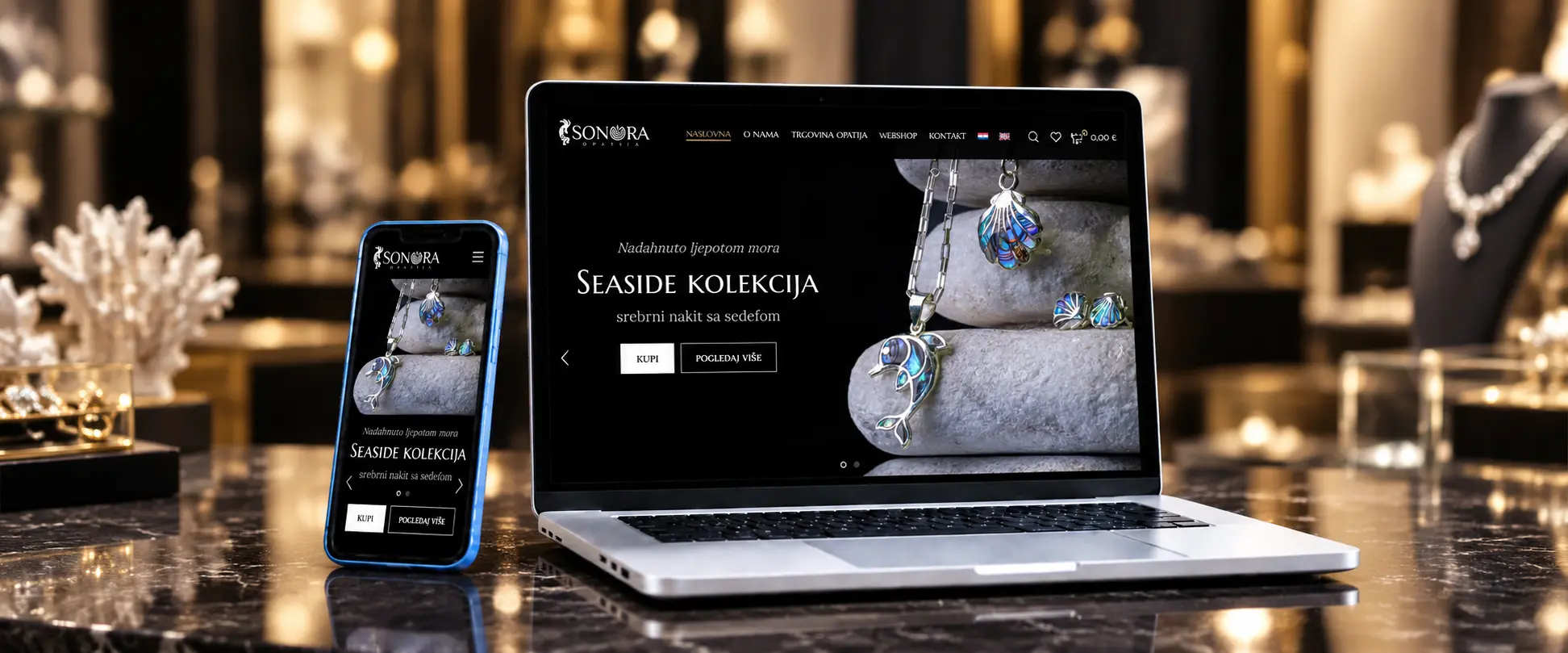 Web trgovina srebrnog nakita Sonora Opatija prikazana na laptopu i mobitelu