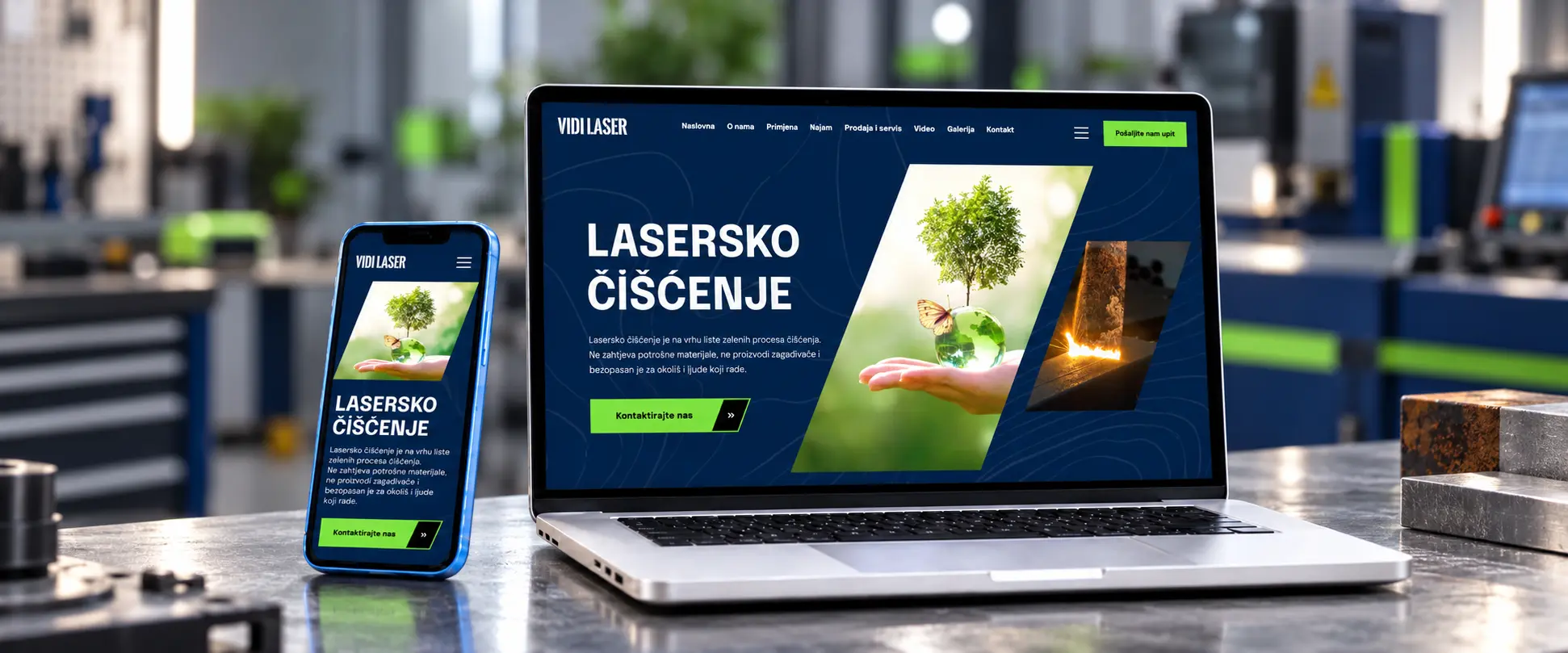 Web stranica VIDI Laser za lasersko čišćenje prikazana na laptopu i mobitelu