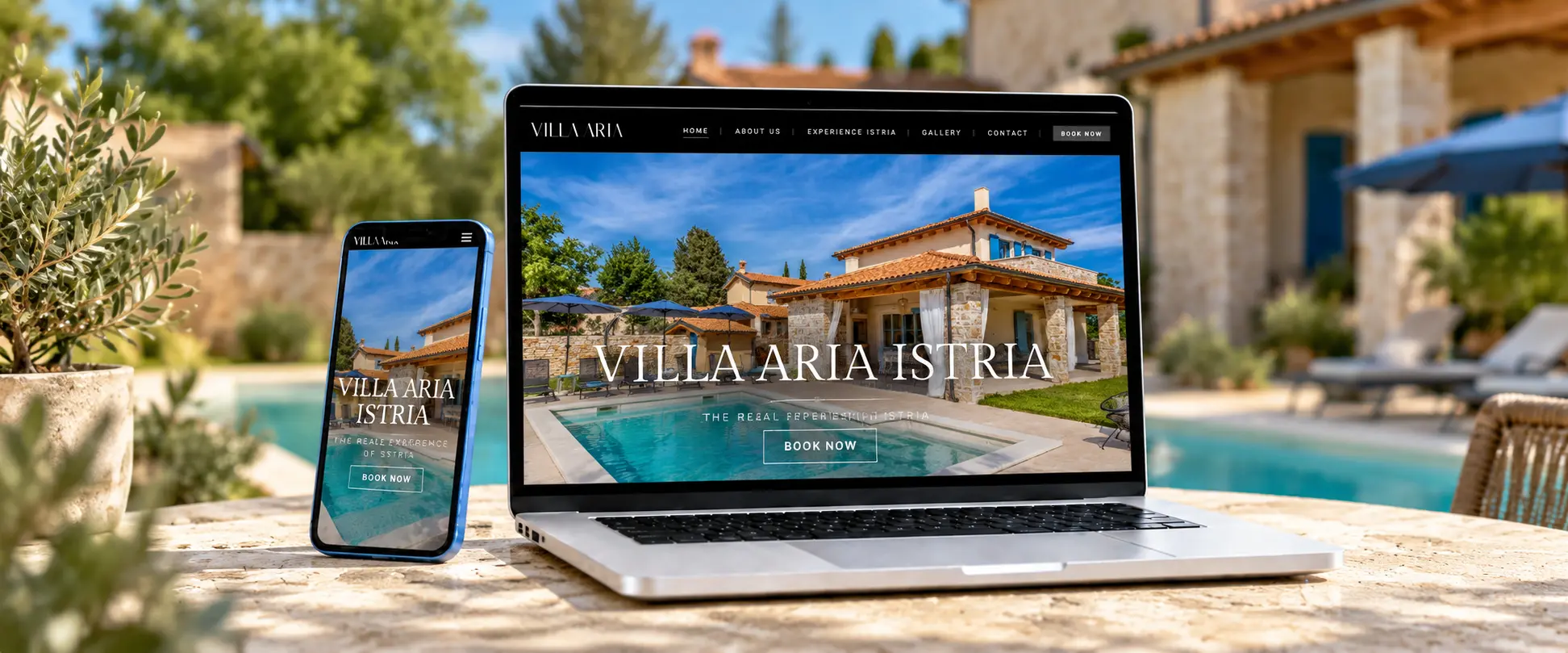 Web stranica Ville Aria u Istri prikazana na laptopu i mobitelu