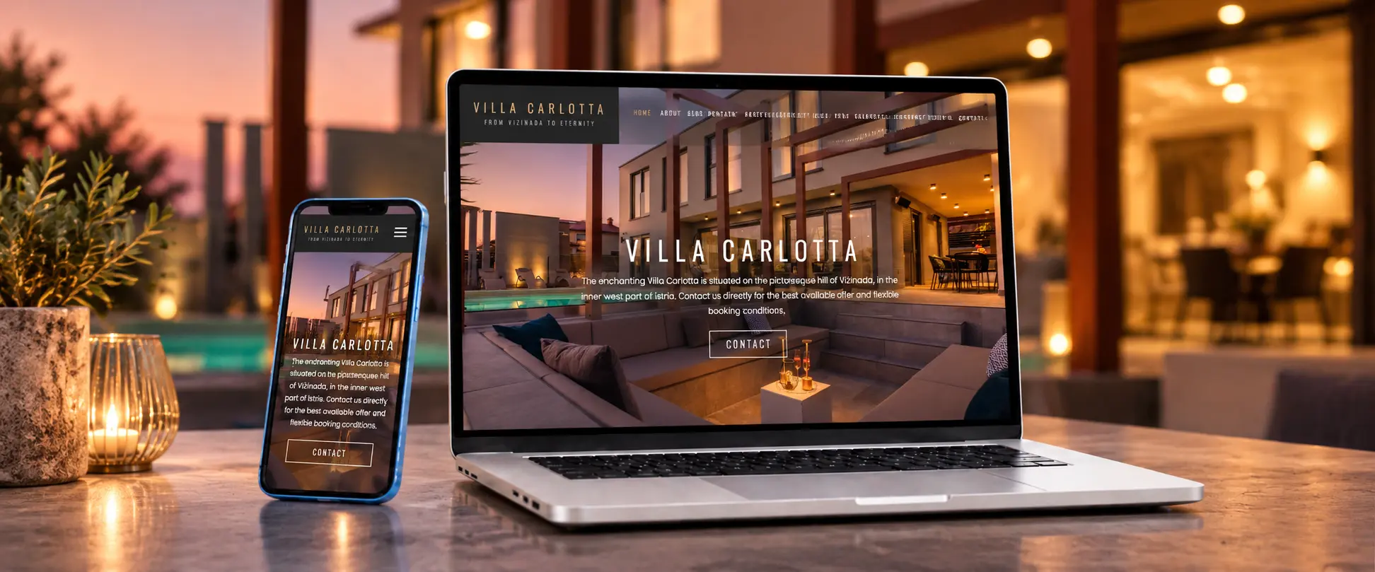 Web stranica Ville Carlotta u Vižinadi prikazana na laptopu i mobitelu